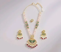 ZAVERI PEARLS Green Pink Meenakari Multistrand Beaded Bridal Kundan Long Necklace Earring & Ring Set For Women-ZPFK21763