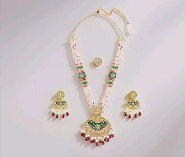 ZAVERI PEARLS Green Pink Meenakari Multistrand Beaded Bridal Kundan Long Necklace Earring & Ring Set For Women-ZPFK21763