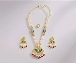ZAVERI PEARLS Green Pink Meenakari Multistrand Beaded Bridal Kundan Long Necklace Earring & Ring Set For Women-ZPFK21763