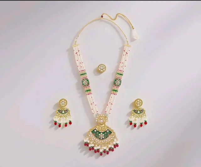 ZAVERI PEARLS Green Pink Meenakari Multistrand Beaded Bridal Kundan Long Necklace Earring & Ring Set For Women-ZPFK21763