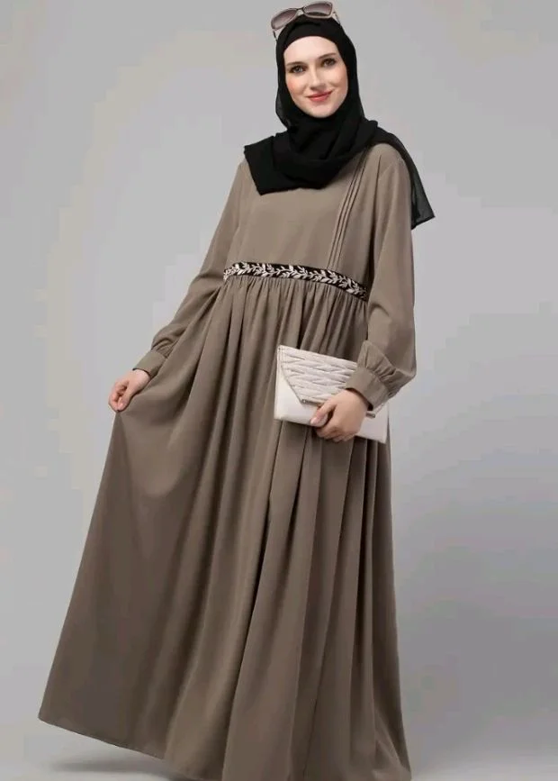 Loose Fit Abaya for Women Nida Matte Fabric Front Gathered Embroidery Full Sleeve Maxi Dress with Side Pockets Modest Islamic Wear