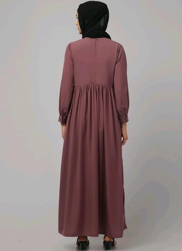 Loose Fit Abaya for Women Nida Matte Fabric Front Gathered Embroidery Full Sleeve Maxi Dress with Side Pockets Modest Islamic Wear