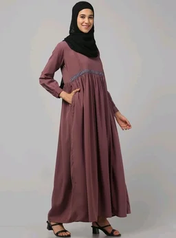 Loose Fit Abaya for Women Nida Matte Fabric Front Gathered Embroidery Full Sleeve Maxi Dress with Side Pockets Modest Islamic Wear