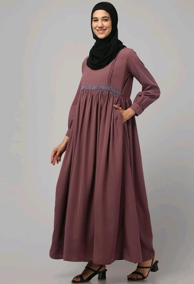 Loose Fit Abaya for Women Nida Matte Fabric Front Gathered Embroidery Full Sleeve Maxi Dress with Side Pockets Modest Islamic Wear