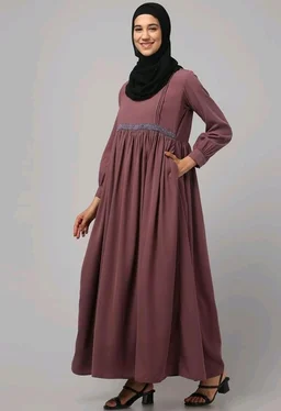 Loose Fit Abaya for Women Nida Matte Fabric Front Gathered Embroidery Full Sleeve Maxi Dress with Side Pockets Modest Islamic Wear
