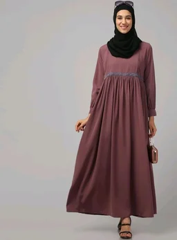 Loose Fit Abaya for Women Nida Matte Fabric Front Gathered Embroidery Full Sleeve Maxi Dress with Side Pockets Modest Islamic Wear
