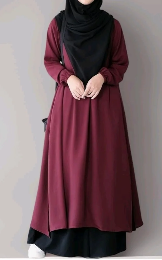 Two Pieces Abaya Dress with Elasticated Sleeves made with Nida Matte Fabric - Knee length Burqa for Women and Girls
- S, Maroon