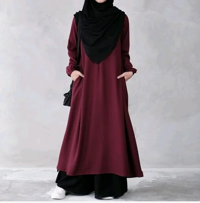 Two Pieces Abaya Dress with Elasticated Sleeves made with Nida Matte Fabric - Knee length Burqa for Women and Girls
- S, Maroon