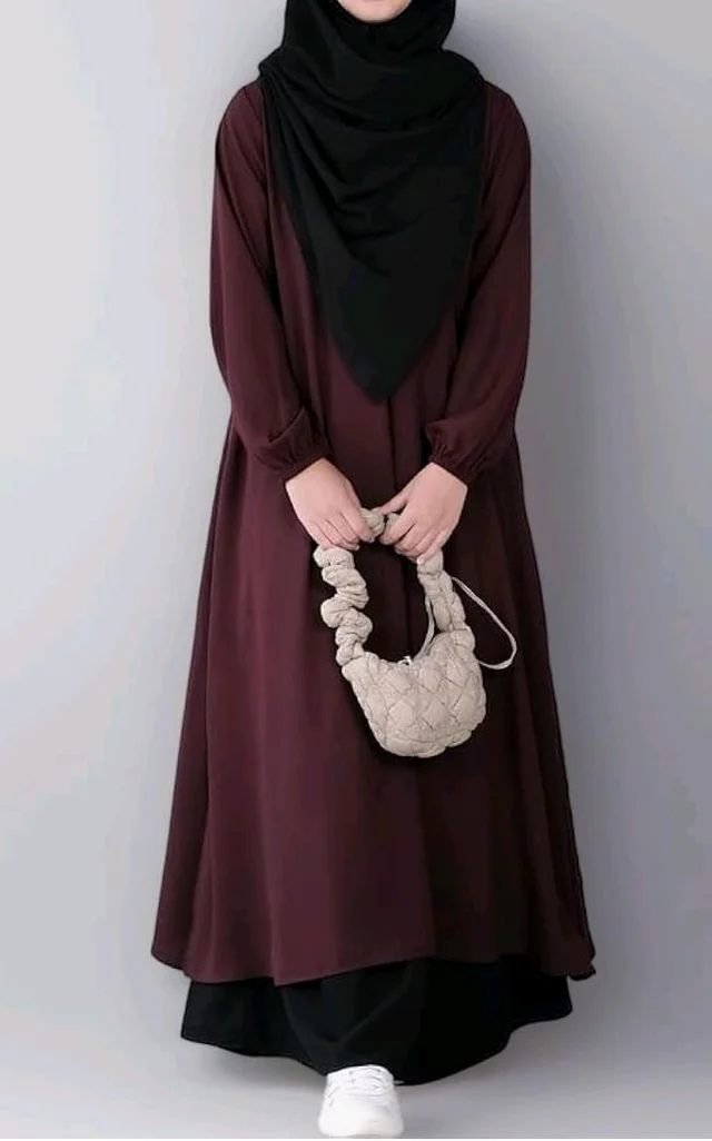 Two Pieces Abaya Dress with Elasticated Sleeves made with Nida Matte Fabric - Knee length Burqa for Women and Girls - 3XL, Burgundy