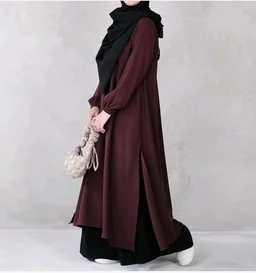 Two Pieces Abaya Dress with Elasticated Sleeves made with Nida Matte Fabric - Knee length Burqa for Women and Girls - 3XL, Burgundy