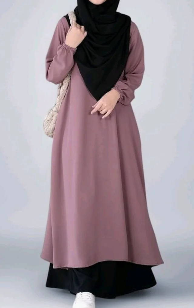 Two Pieces Abaya Dress with Elasticated Sleeves made with Nida Matte Fabric - Knee length Burqa for Women and Girls - Puce Pink