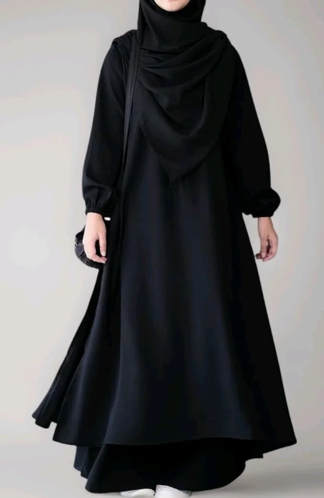 Two Pieces Abaya Dress with Elasticated Sleeves made with Nida Matte Fabric - Knee length Burqa for Women and Girls
- S, Black
