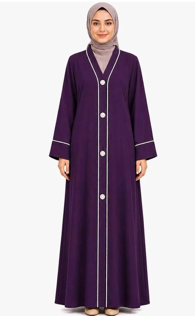 Women's Black Abaya with double chain
Long Sleeves, Modest Wear, Flared Silhouette, Islamic Dress, Formal Occasion - Purple