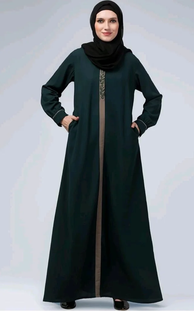 Abaya Dress with Front Embroidery & Cuff Sleeves And Side Pocket Made in Nida Matte Fabric Sleeves Full length Burqa for Women and Girls
- Botel Green