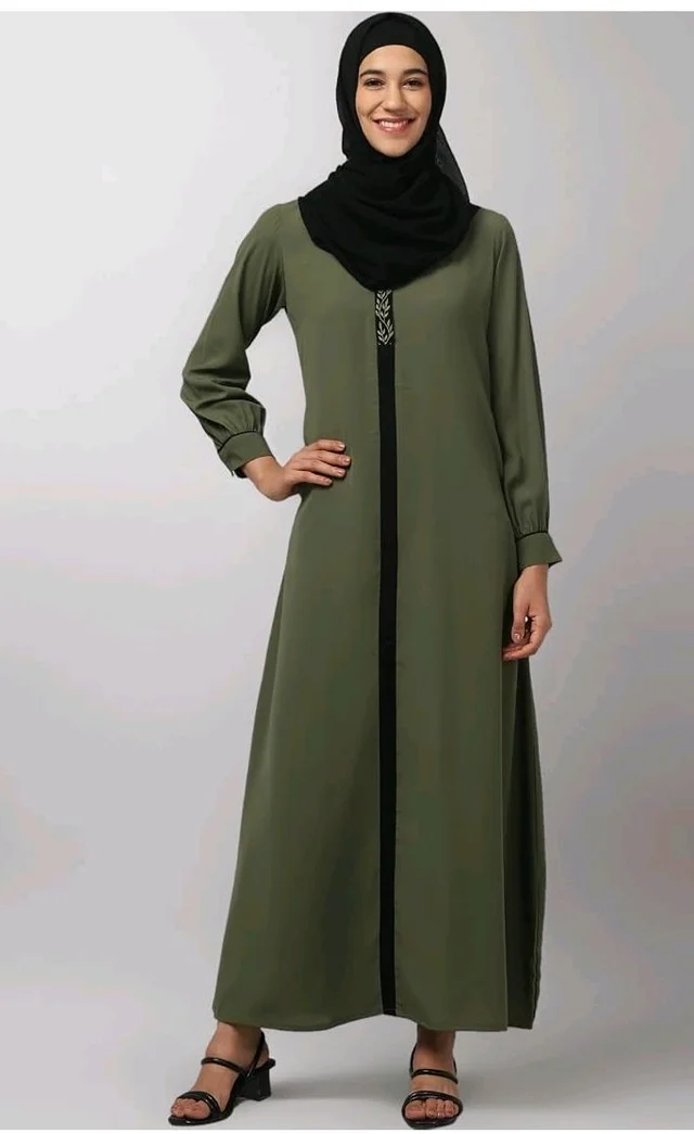 Abaya Dress with Front Embroidery & Cuff Sleeves And Side Pocket Made in Nida Matte Fabric Sleeves Full length Burqa for Women and Girls
- Z Green