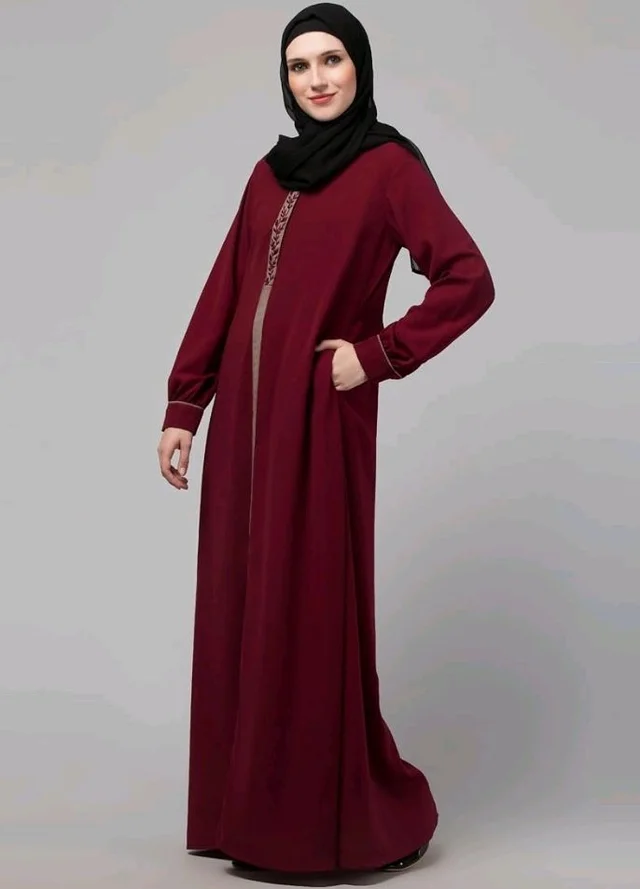 Abaya Dress with Front Embroidery & Cuff Sleeves And Side Pocket Made in Nida Matte Fabric Sleeves Full length Burqa for Women and Girls
- S