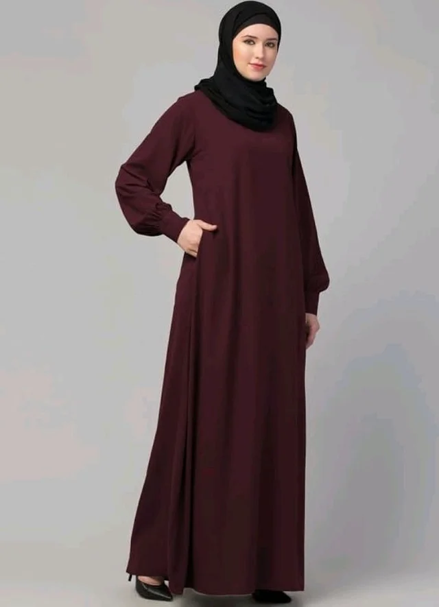 Muslim Closet� Women's Inner Abaya Dress With Cuff Sleeves And Side Pocket Made in Nida Matte Fabric - Burgundy