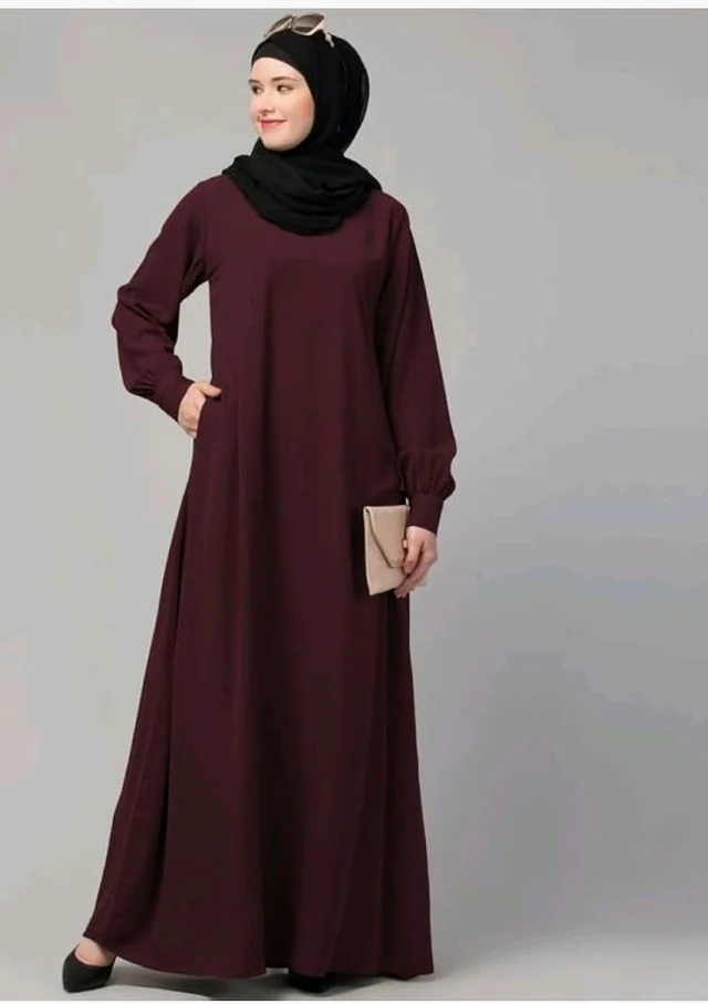 Muslim Closet� Women's Inner Abaya Dress With Cuff Sleeves And Side Pocket Made in Nida Matte Fabric - Burgundy