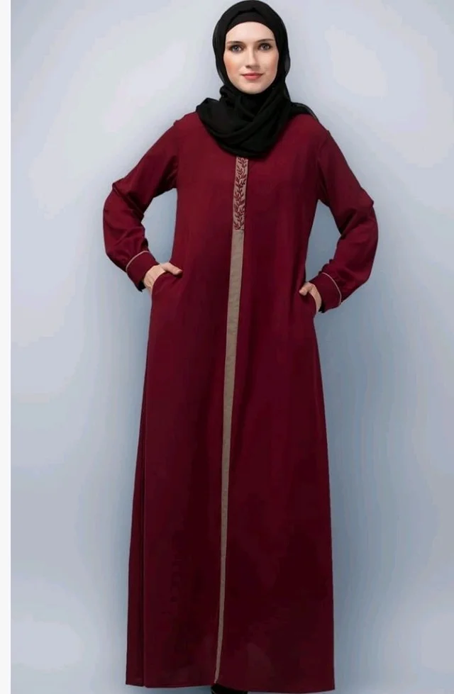 Abaya Dress with Front Embroidery & Cuff Sleeves And Side Pocket Made in Nida Matte Fabric Sleeves Full length Burqa for Women and Girls
- Maroon