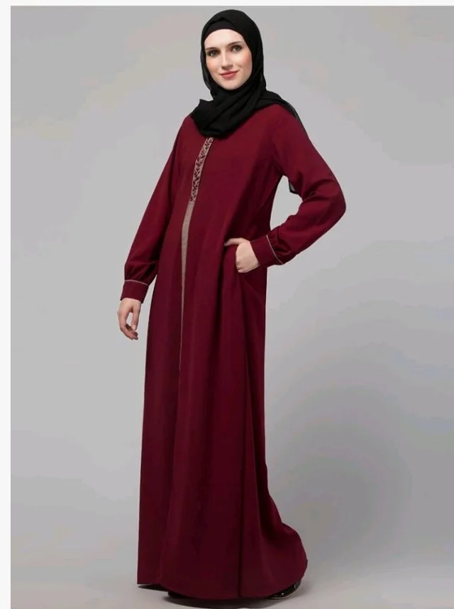 Abaya Dress with Front Embroidery & Cuff Sleeves And Side Pocket Made in Nida Matte Fabric Sleeves Full length Burqa for Women and Girls
- Maroon