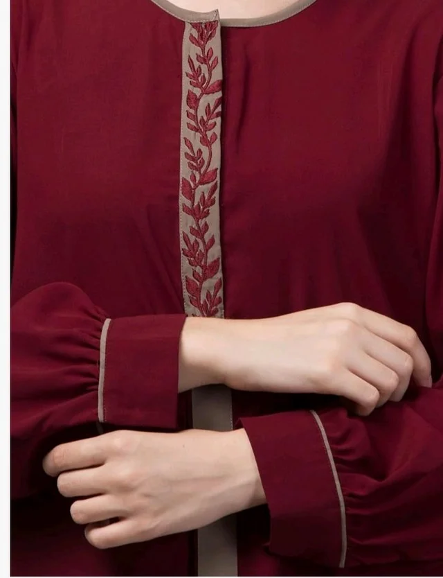 Abaya Dress with Front Embroidery & Cuff Sleeves And Side Pocket Made in Nida Matte Fabric Sleeves Full length Burqa for Women and Girls
- Maroon