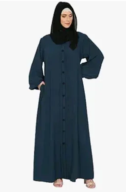 Women’s Loose Fit abaya Made in Nida Matte Fabric with Fashionable Buttons on Front Panel, Long Sleeves & Side Pocket (BT-LFA-006 - Teal Blue