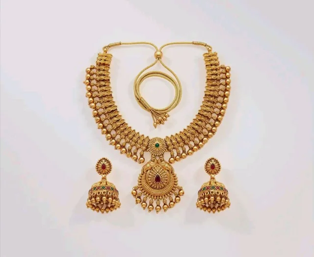 Gold-Plated Antique Temple Jewellery Set for Women - Traditional Necklace with Large Peacock Pendant & Matching Jhumka Earrings | Ethnic Festive & Bridal Wear Set with Ruby & Emerald Accents