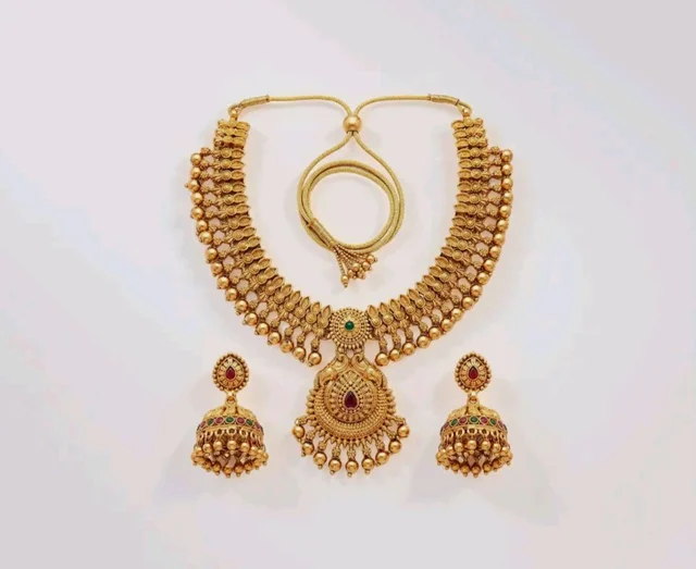 Gold-Plated Antique Temple Jewellery Set for Women - Traditional Necklace with Large Peacock Pendant & Matching Jhumka Earrings | Ethnic Festive & Bridal Wear Set with Ruby & Emerald Accents