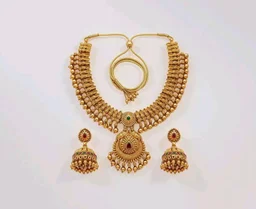 Gold-Plated Antique Temple Jewellery Set for Women - Traditional Necklace with Large Peacock Pendant & Matching Jhumka Earrings | Ethnic Festive & Bridal Wear Set with Ruby & Emerald Accents