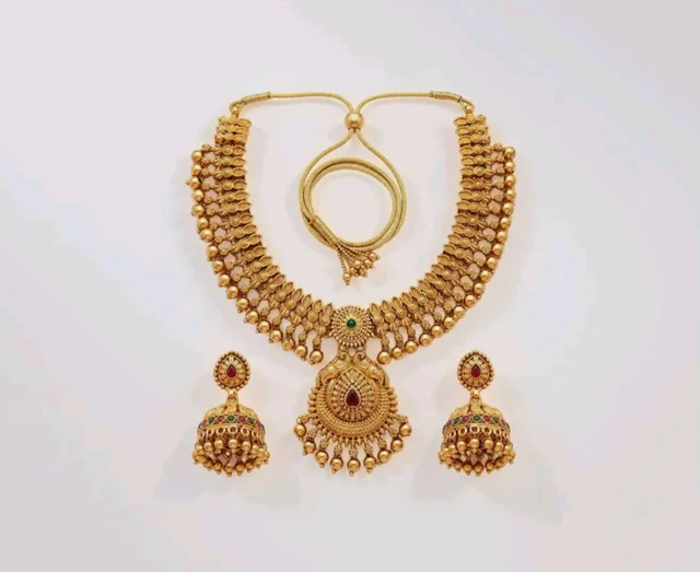 Gold-Plated Antique Temple Jewellery Set for Women - Traditional Necklace with Large Peacock Pendant & Matching Jhumka Earrings | Ethnic Festive & Bridal Wear Set with Ruby & Emerald Accents