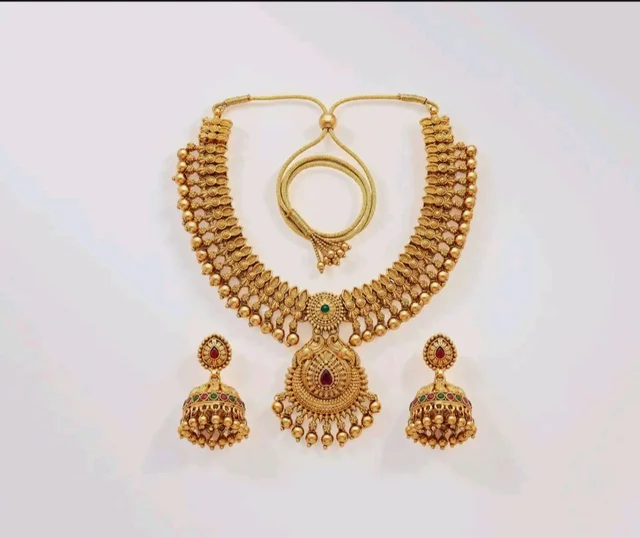 Gold-Plated Antique Temple Jewellery Set for Women - Traditional Necklace with Large Peacock Pendant & Matching Jhumka Earrings | Ethnic Festive & Bridal Wear Set with Ruby & Emerald Accents