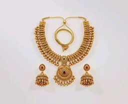 Gold-Plated Antique Temple Jewellery Set for Women - Traditional Necklace with Large Peacock Pendant & Matching Jhumka Earrings | Ethnic Festive & Bridal Wear Set with Ruby & Emerald Accents