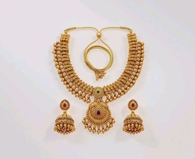 Gold-Plated Antique Temple Jewellery Set for Women - Traditional Necklace with Large Peacock Pendant & Matching Jhumka Earrings | Ethnic Festive & Bridal Wear Set with Ruby & Emerald Accents