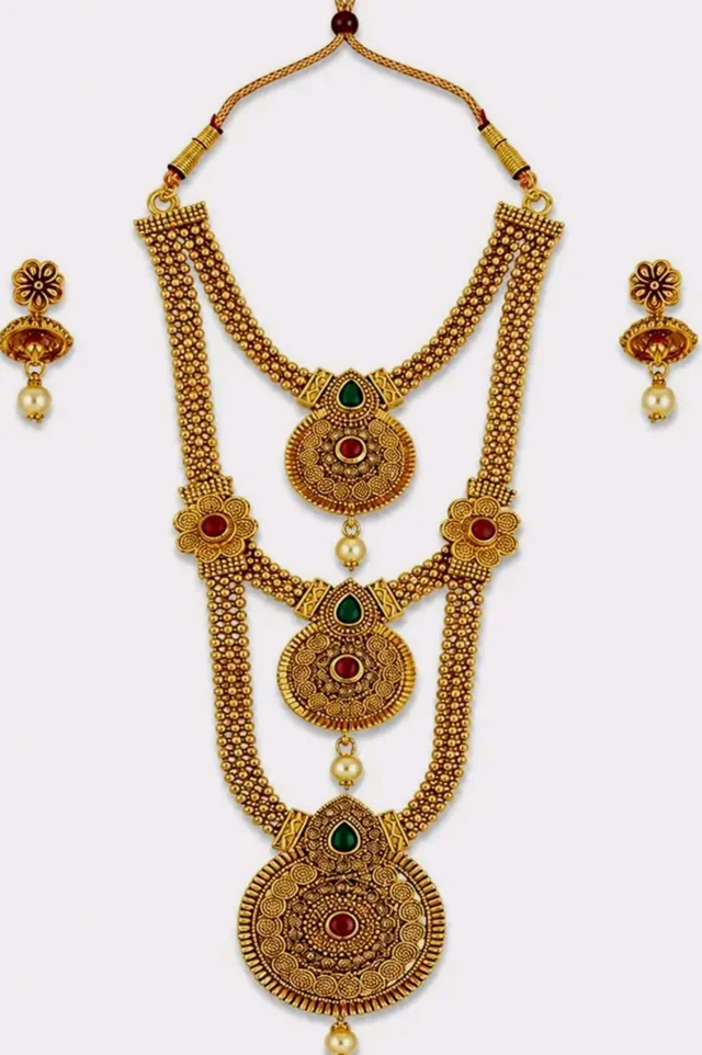 Rose Gold Plated Floral Necklace Set with Matching Earrings, Pink and Green Crystal Stones, Party and Wedding Jewellery