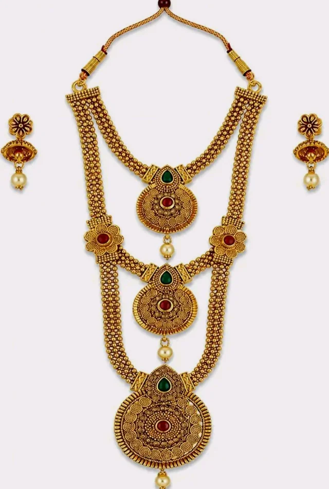 Rose Gold Plated Floral Necklace Set with Matching Earrings, Pink and Green Crystal Stones, Party and Wedding Jewellery