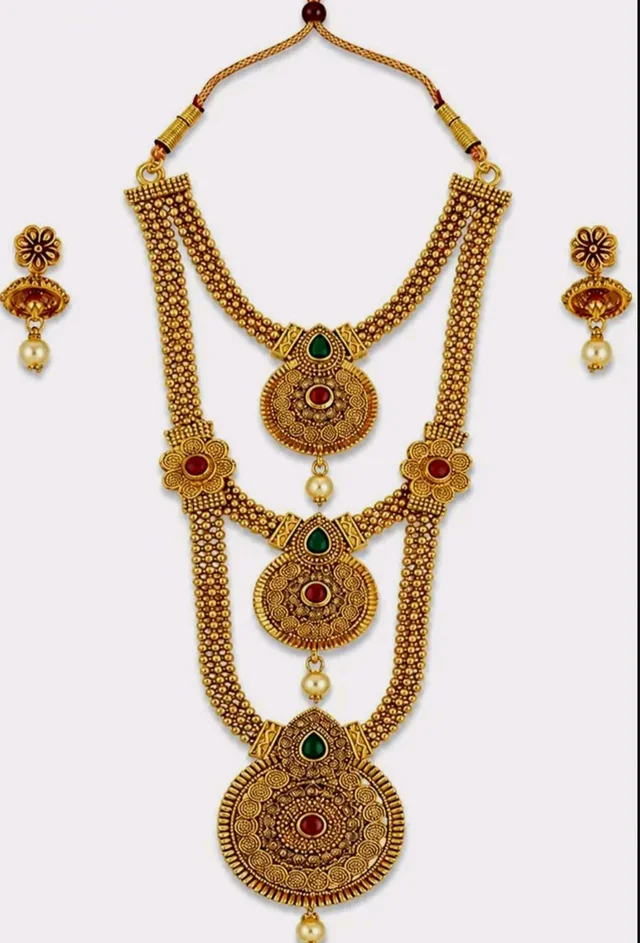 Rose Gold Plated Floral Necklace Set with Matching Earrings, Pink and Green Crystal Stones, Party and Wedding Jewellery