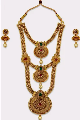 Rose Gold Plated Floral Necklace Set with Matching Earrings, Pink and Green Crystal Stones, Party and Wedding Jewellery