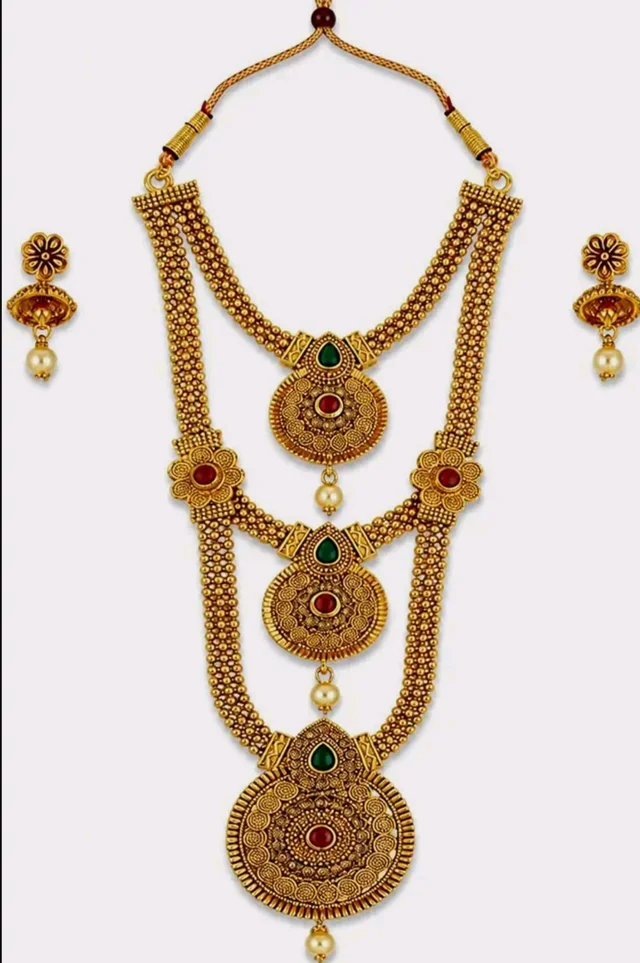 Rose Gold Plated Floral Necklace Set with Matching Earrings, Pink and Green Crystal Stones, Party and Wedding Jewellery
