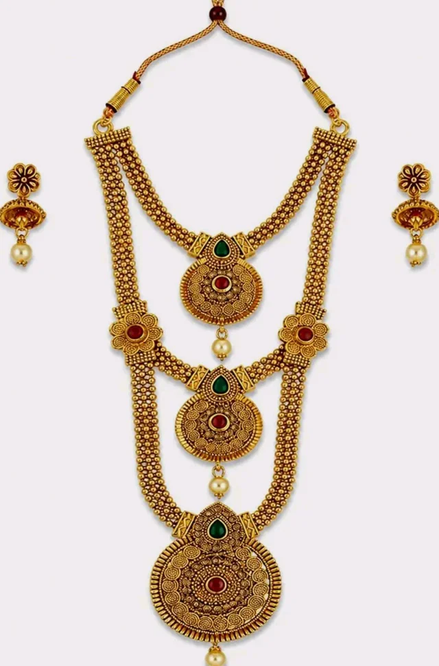 Rose Gold Plated Floral Necklace Set with Matching Earrings, Pink and Green Crystal Stones, Party and Wedding Jewellery