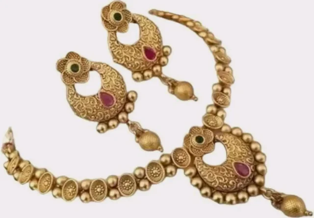 Traditional Gold-Plated Antique Necklace Set for Women with Matching Earrings | Bridal/Jewellery