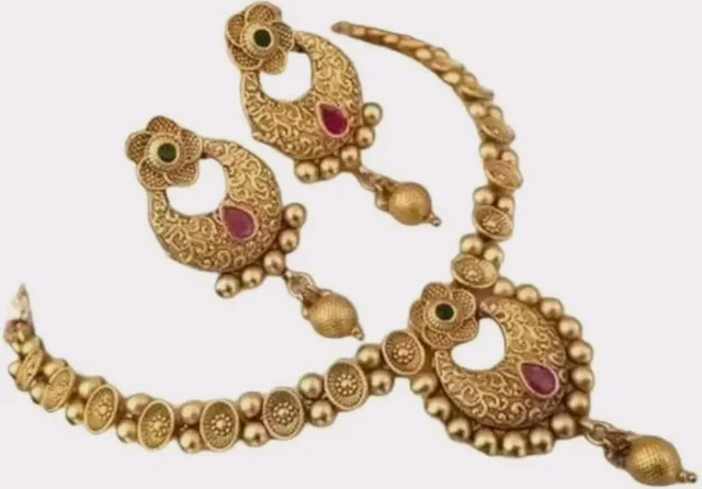 Traditional Gold-Plated Antique Necklace Set for Women with Matching Earrings | Bridal/Jewellery
