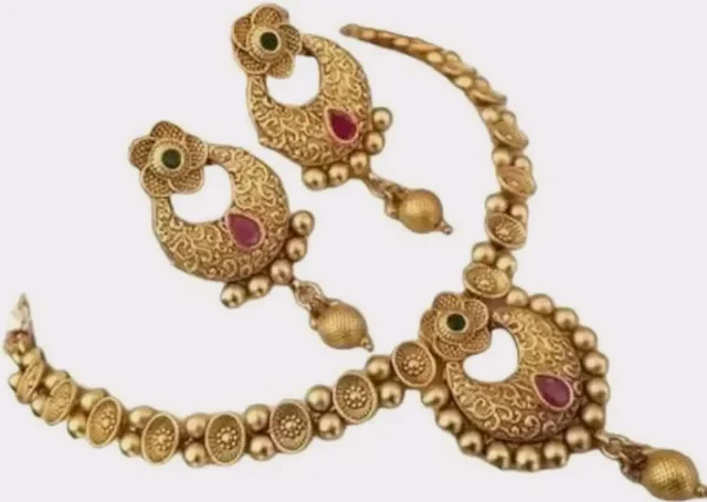 Traditional Gold-Plated Antique Necklace Set for Women with Matching Earrings | Bridal/Jewellery