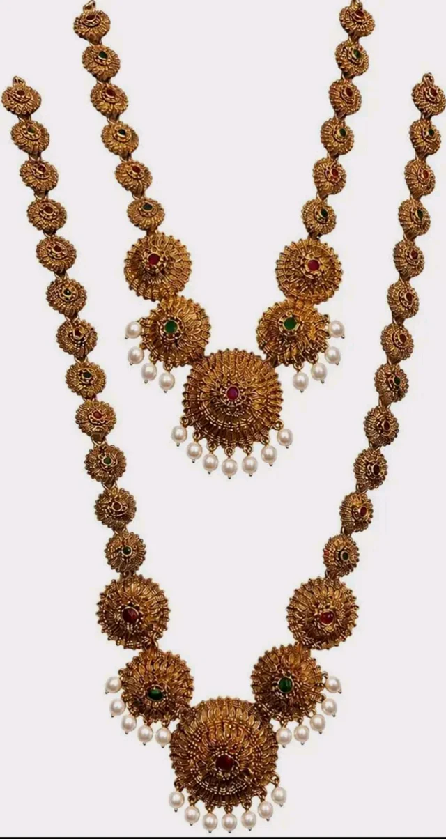 Ruby & Emerald Stones, Double Layer Set, Pearl Danglers, Traditional Temple Style, Bridal Wear