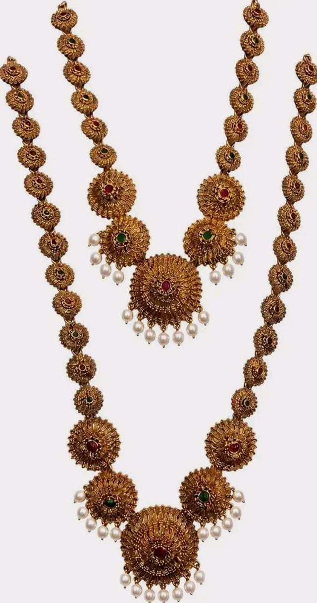 Ruby & Emerald Stones, Double Layer Set, Pearl Danglers, Traditional Temple Style, Bridal Wear