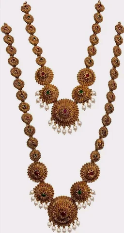 Ruby & Emerald Stones, Double Layer Set, Pearl Danglers, Traditional Temple Style, Bridal Wear