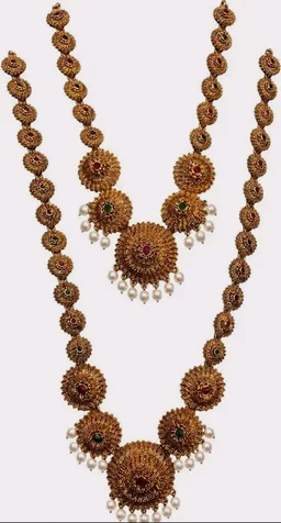 Ruby & Emerald Stones, Double Layer Set, Pearl Danglers, Traditional Temple Style, Bridal Wear