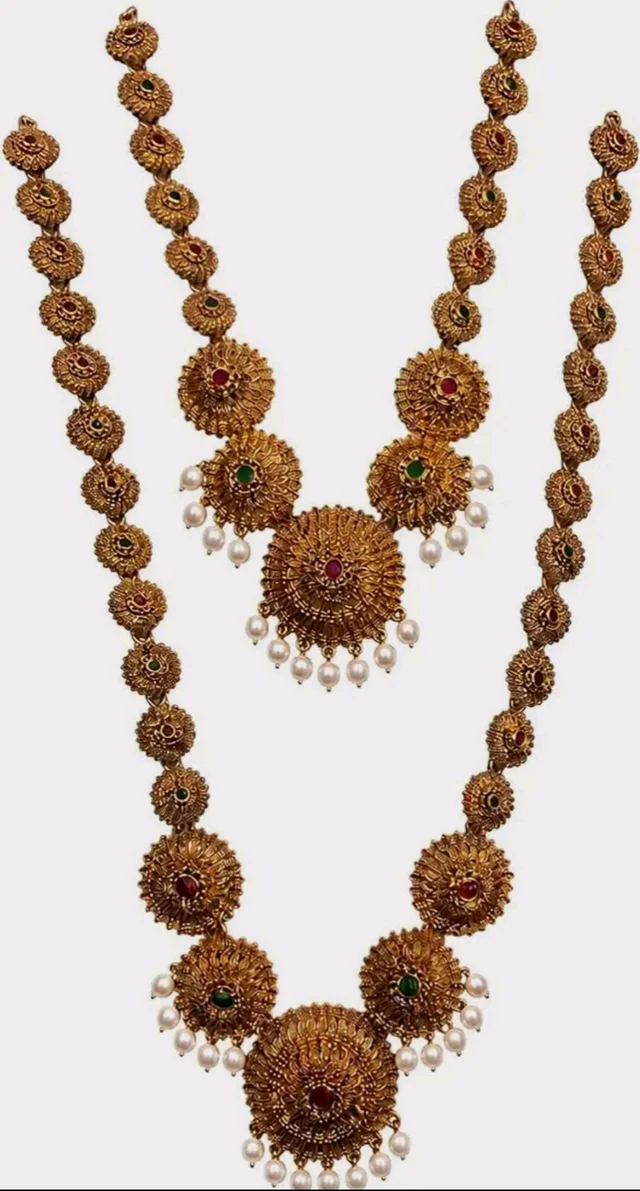 Ruby & Emerald Stones, Double Layer Set, Pearl Danglers, Traditional Temple Style, Bridal Wear