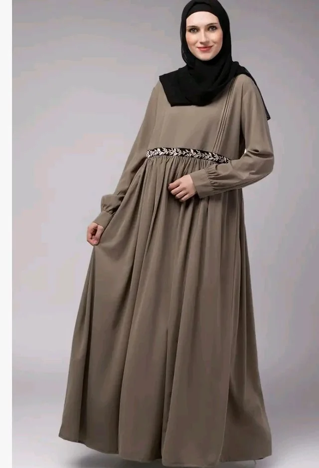 Loose Fit Abaya for Women Nida Matte Fabric Front Gathered Embroidery Full Sleeve Maxi Dress with Side Pockets Modest Islamic Wear
- Baige