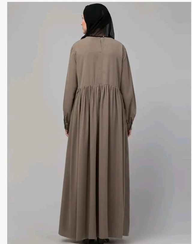 Loose Fit Abaya for Women Nida Matte Fabric Front Gathered Embroidery Full Sleeve Maxi Dress with Side Pockets Modest Islamic Wear
- Baige