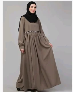 Loose Fit Abaya for Women Nida Matte Fabric Front Gathered Embroidery Full Sleeve Maxi Dress with Side Pockets Modest Islamic Wear
- Baige
